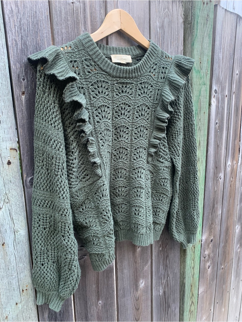 Sézane Jodie Olive Green Ruffle Pointelle Knit Sweater XS